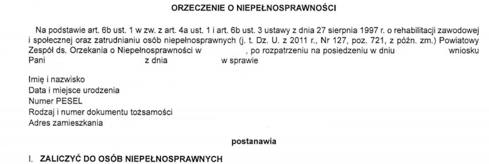 jaki kod w orzeczeniu o niepelnosprawnosci na pieluchy